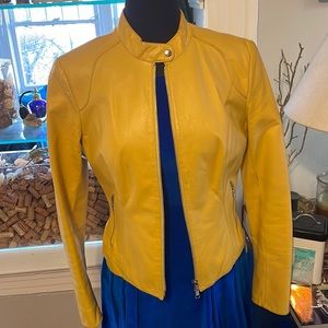 Yellow Genuine Leather Moto Jacket with Double Zip